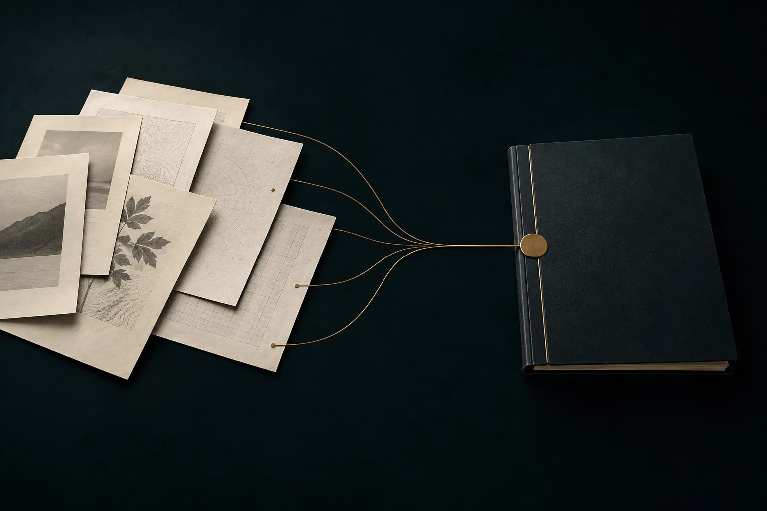 Illustration of scattered source papers brought together into one carefully organised dossier.